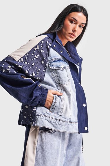 Kadın Kot Rengi Kumaş Denim Karışımlı  Kapüşonlu Oversize Tasarım Ceket - photo 3