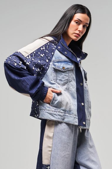 Kadın Kot Rengi Kumaş Denim Karışımlı  Kapüşonlu Oversize Tasarım Ceket - photo 5