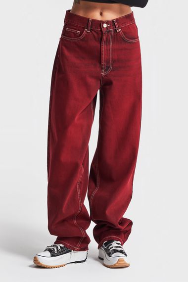 Kadın Bordo Renk 20W4-35 Skater Fit Orta Bel %100 Koton Özel Yıkama Denim Jean - fotoğraf 1