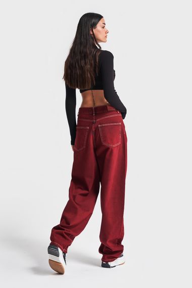 Kadın Bordo Renk 20W4-35 Skater Fit Orta Bel %100 Koton Özel Yıkama Denim Jean - fotoğraf 3