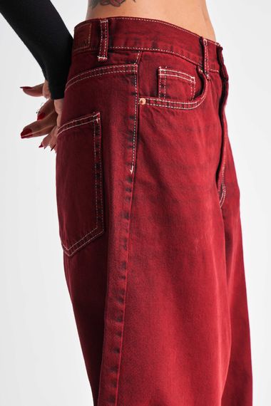 Kadın Bordo Renk 20W4-35 Skater Fit Orta Bel %100 Koton Özel Yıkama Denim Jean - fotoğraf 5