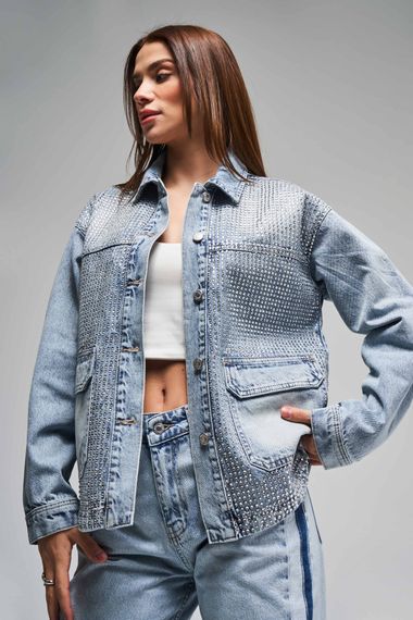 Kadın Kot Rengi T-4S5-27 Parlak Taşlı Oversize %100 Koton Yandan Cepli Tasarım Denim Ceket - صورة 3
