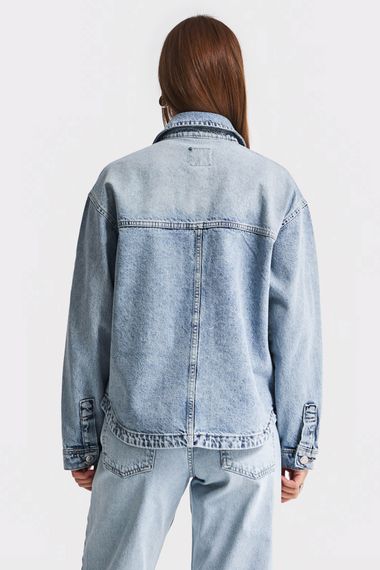 Kadın Kot Rengi T-4S5-27 Parlak Taşlı Oversize %100 Koton Yandan Cepli Tasarım Denim Ceket - صورة 5