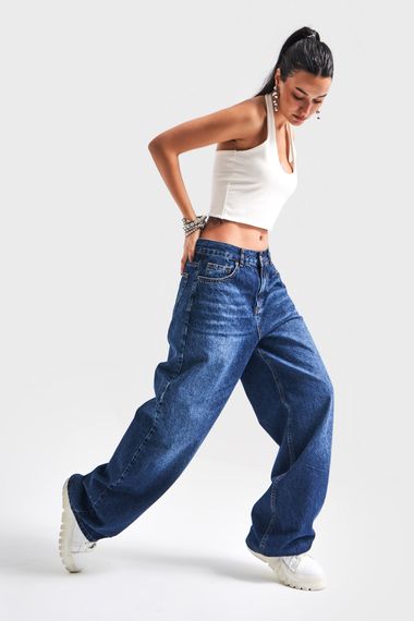 Жіночі джинси темного відтінку 17W4-5 супер палаццо середньої талії 100% бавовна - фото 3