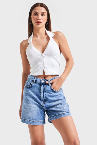 Kadın Mavi Kot Rengi 4S5-27 Mom Fit Viscon Pamuk Kumaş Mini Boy Denim Şort - photo 1