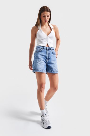Kadın Mavi Kot Rengi 4S5-27 Mom Fit Viscon Pamuk Kumaş Mini Boy Denim Şort - photo 2