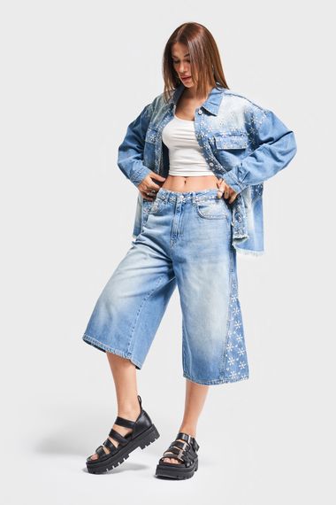 Kadın Mavi Kot Rengi 2S5-75 Çiçek Nakışlı Maxi Boy Tasarım Denim Şort - photo 4