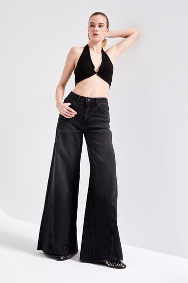 Жіночі чорні денім брюки Palazzo, середня посадка, 100% бавовна, моделі 34-42, довжина 80 см, ширина 41,5 см - фото 2