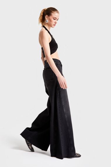 Жіночі чорні денім брюки Palazzo, середня посадка, 100% бавовна, моделі 34-42, довжина 80 см, ширина 41,5 см - фото 5