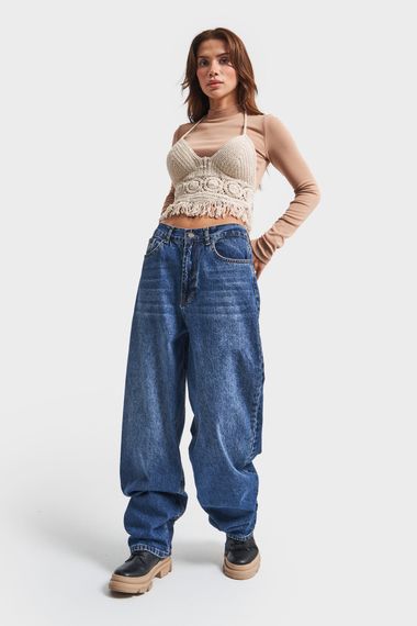 Kadın Mavi Kot Rengi 2W4-5 Super Baggy Fit %100 Koton Super Uzun Orta Bel Denim Jean - photo 2