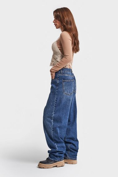 Kadın Mavi Kot Rengi 2W4-5 Super Baggy Fit %100 Koton Super Uzun Orta Bel Denim Jean - photo 3