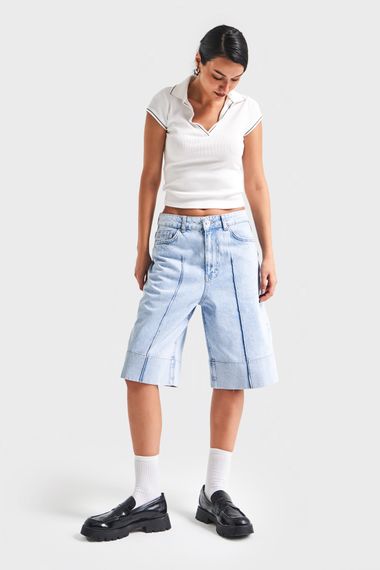 Kadın Snow Kot Rengi 3S5-3 Maxi Boy Baggy %100 Koton Denim Şort - photo 1