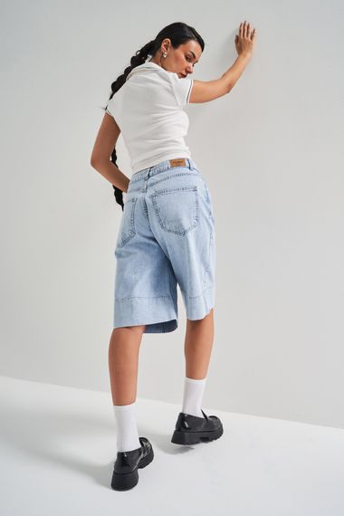 Kadın Snow Kot Rengi 3S5-3 Maxi Boy Baggy %100 Koton Denim Şort - photo 4