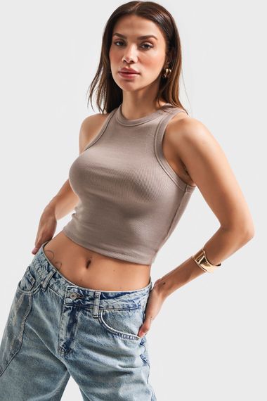 Kadın Vizon Renk Halter Yaka İnce Fitil Kaşkorse Crop Top - صورة 3