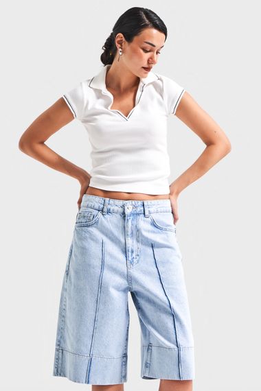 Kadın Snow Kot Rengi 3S5-3 Maxi Boy Baggy %100 Koton Denim Şort - photo 2