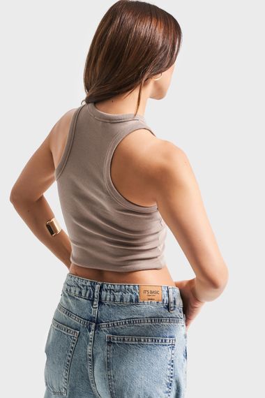 Kadın Vizon Renk Halter Yaka İnce Fitil Kaşkorse Crop Top - صورة 2