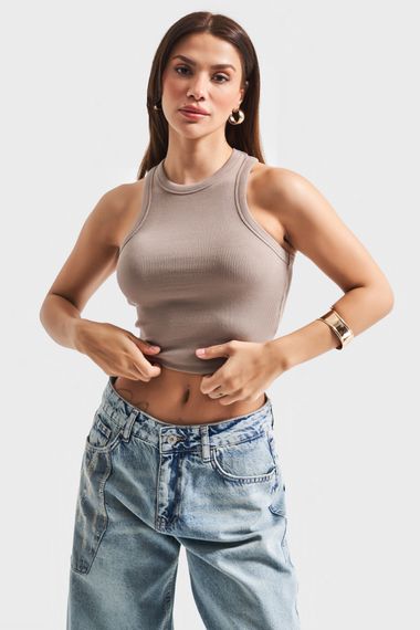 Kadın Vizon Renk Halter Yaka İnce Fitil Kaşkorse Crop Top - صورة 4
