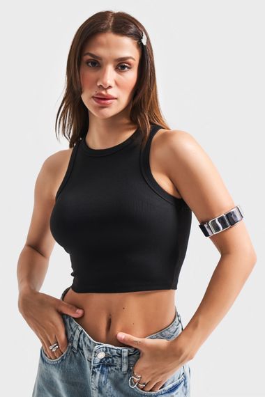 Kadın Siyah Renk Halter Yaka İnce Fitil Kaşkorse Crop Top - фото 1