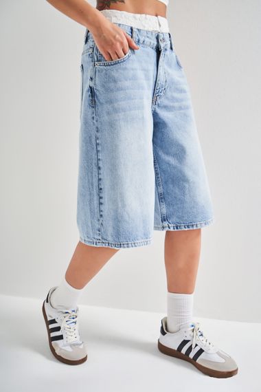 Kadın Snow Kot Rengi V-4S5-3 Dantelli Boxer Detaylı Maxi Boy Baggy Tasarım Denim Şort - fotoğraf 1