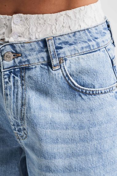 Kadın Snow Kot Rengi V-4S5-3 Dantelli Boxer Detaylı Maxi Boy Baggy Tasarım Denim Şort - fotoğraf 2