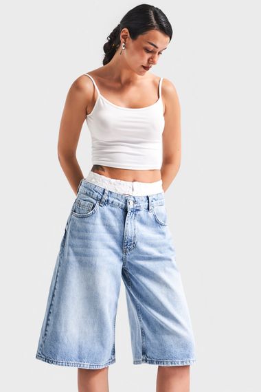 Kadın Snow Kot Rengi V-4S5-3 Dantelli Boxer Detaylı Maxi Boy Baggy Tasarım Denim Şort - fotoğraf 3