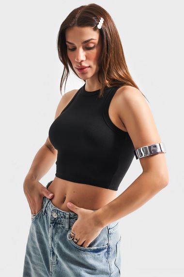Kadın Siyah Renk Halter Yaka İnce Fitil Kaşkorse Crop Top - фото 3