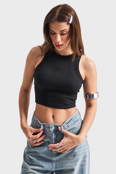Kadın Siyah Renk Halter Yaka İnce Fitil Kaşkorse Crop Top - фото 4