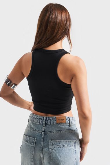 Kadın Siyah Renk Halter Yaka İnce Fitil Kaşkorse Crop Top - фото 2