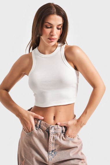 Kadın Beyaz Renk Halter Yaka İnce Fitil Kaşkorse Crop Top - photo 3