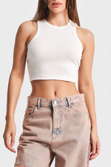 Kadın Beyaz Renk Halter Yaka İnce Fitil Kaşkorse Crop Top - photo 1