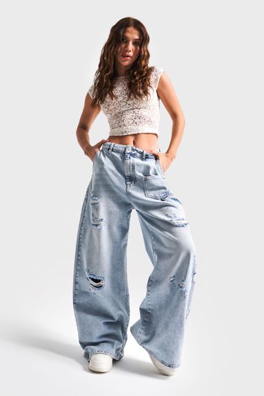 Kadın Kot Rengi 12S5-3 Mega Baggy Fit Süper Bol %100 Koton Orta Bel Denim Jean - صورة 1