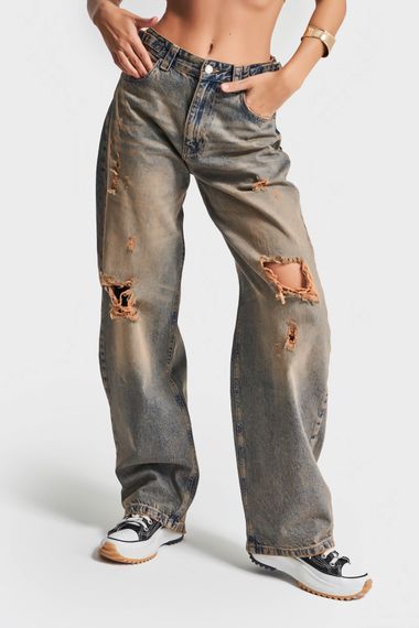 Kadın T.Kot Rengi 10S5-95 Baggy Fit İç Boy 83cm %100 Koton Orta Bel Denim Jean - صورة 1