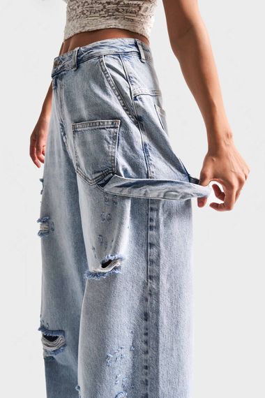 Kadın Kot Rengi 12S5-3 Mega Baggy Fit Süper Bol %100 Koton Orta Bel Denim Jean - صورة 2