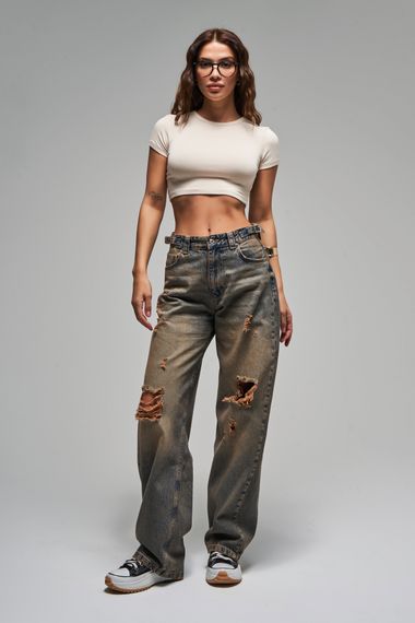 Kadın T.Kot Rengi 10S5-95 Baggy Fit İç Boy 83cm %100 Koton Orta Bel Denim Jean - صورة 2