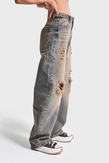 Kadın T.Kot Rengi 10S5-95 Baggy Fit İç Boy 83cm %100 Koton Orta Bel Denim Jean - صورة 4