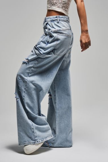 Kadın Kot Rengi 12S5-3 Mega Baggy Fit Süper Bol %100 Koton Orta Bel Denim Jean - صورة 3