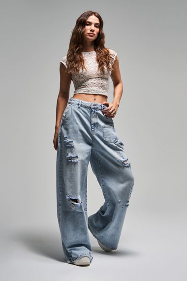 Kadın Kot Rengi 12S5-3 Mega Baggy Fit Süper Bol %100 Koton Orta Bel Denim Jean - صورة 4