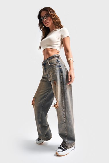 Kadın T.Kot Rengi 10S5-95 Baggy Fit İç Boy 83cm %100 Koton Orta Bel Denim Jean - صورة 5