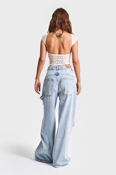 Kadın Kot Rengi 12S5-3 Mega Baggy Fit Süper Bol %100 Koton Orta Bel Denim Jean - صورة 5