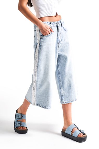 Kadın Ice Kot Rengi D-4S5-3 Süper Baggy Fit Dantel Şeritli Maxi Boy Denim Şort - фото 1