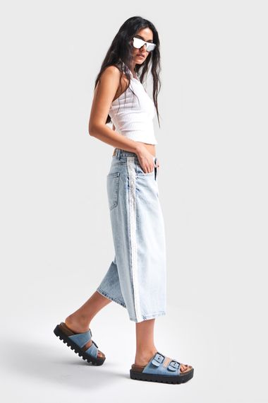 Kadın Ice Kot Rengi D-4S5-3 Süper Baggy Fit Dantel Şeritli Maxi Boy Denim Şort - фото 3