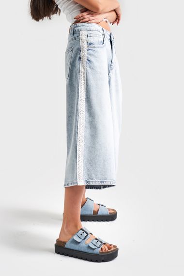 Kadın Ice Kot Rengi D-4S5-3 Süper Baggy Fit Dantel Şeritli Maxi Boy Denim Şort - фото 4