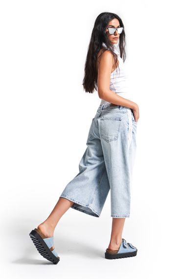 Kadın Ice Kot Rengi D-4S5-3 Süper Baggy Fit Dantel Şeritli Maxi Boy Denim Şort - фото 5