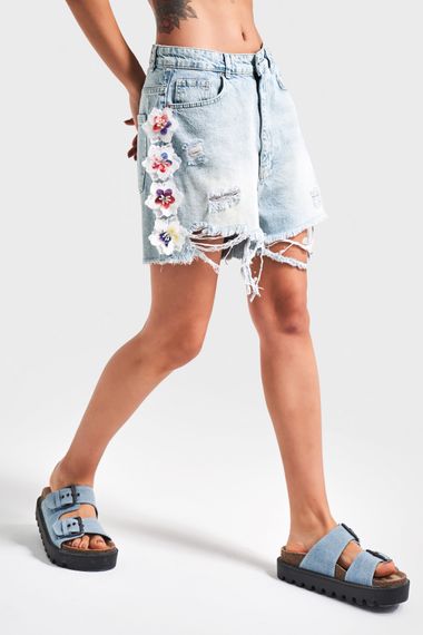 Kadın G.Kot Rengi D-12S5 Dantel Çiçek Nakışlı Tasarım Bol Kesim Denim Şort - фото 1