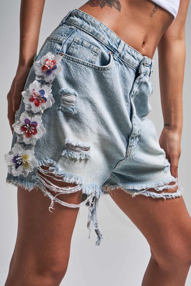 Kadın G.Kot Rengi D-12S5 Dantel Çiçek Nakışlı Tasarım Bol Kesim Denim Şort - фото 2
