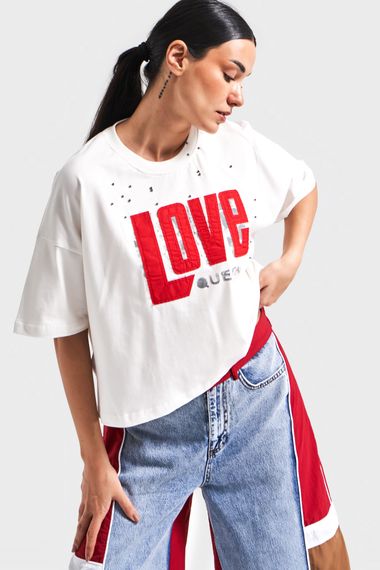 Kadın Beyaz Renk Love Baskılı Taş Detaylı Oversize Tasarım T-Shirt - fotoğraf 2