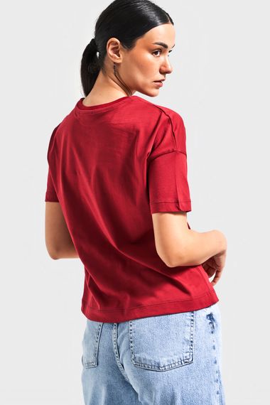 Kadın Bordo Renk S5 %100 Pamuk Bisiklet Yaka Basic T-Shirt - photo 2