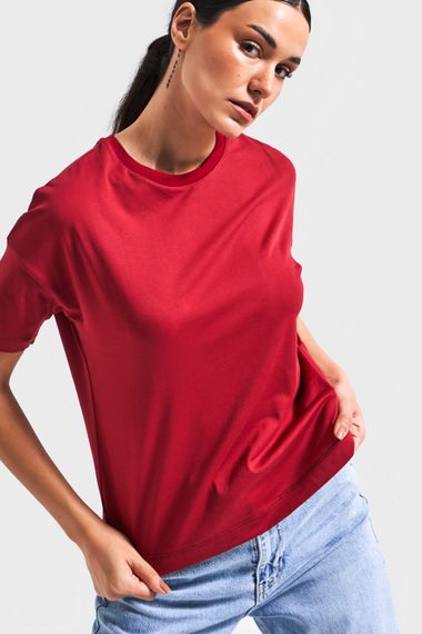 Kadın Bordo Renk S5 %100 Pamuk Bisiklet Yaka Basic T-Shirt - photo 3