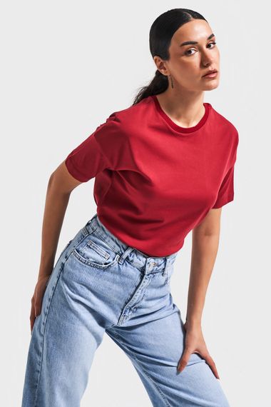 Kadın Bordo Renk S5 %100 Pamuk Bisiklet Yaka Basic T-Shirt - photo 4