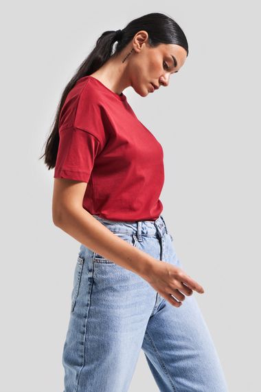 Kadın Bordo Renk S5 %100 Pamuk Bisiklet Yaka Basic T-Shirt - photo 5